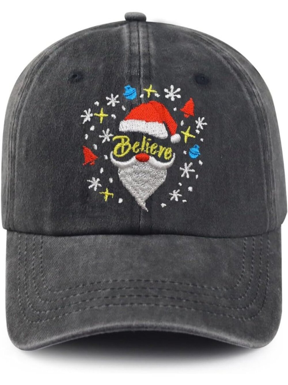 Unisax Christmas Black Believe Santa Embroidered Adjustable Washed Baseball Cap